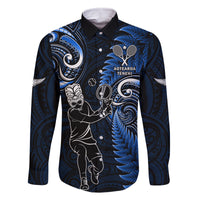 Custom New Zealand Tiki Tennis Family Matching Off Shoulder Long Sleeve Dress and Hawaiian Shirt 2024 Aotearoa Tenehi Maori Silver Fern - Blue LT14 Dad's Shirt - Long Sleeve Blue - Polynesian Pride