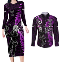 New Zealand Tiki Tennis Couples Matching Long Sleeve Bodycon Dress and Long Sleeve Button Shirt 2024 Aotearoa Tenehi Maori Silver Fern - Purple LT14 Purple - Polynesian Pride