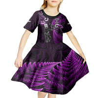 New Zealand Tiki Tennis Kid Short Sleeve Dress 2024 Aotearoa Tenehi Maori Silver Fern - Purple LT14 - Polynesian Pride