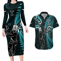 New Zealand Tiki Tennis Couples Matching Long Sleeve Bodycon Dress and Hawaiian Shirt 2024 Aotearoa Tenehi Maori Silver Fern - Turquoise LT14 Turquoise - Polynesian Pride