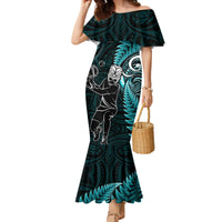 New Zealand Tiki Tennis Family Matching Mermaid Dress and Hawaiian Shirt 2024 Aotearoa Tenehi Maori Silver Fern - Turquoise LT14 Mom's Dress Turquoise - Polynesian Pride