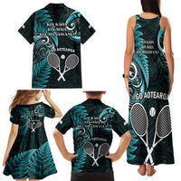 New Zealand Tiki Tennis Family Matching Tank Maxi Dress and Hawaiian Shirt 2024 Aotearoa Tenehi Maori Silver Fern - Turquoise LT14 - Polynesian Pride