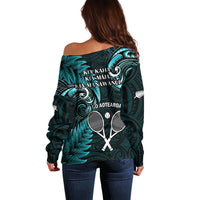 New Zealand Tiki Tennis Off Shoulder Sweater 2024 Aotearoa Tenehi Maori Silver Fern - Turquoise LT14 - Polynesian Pride