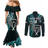 Custom New Zealand Tiki Tennis Couples Matching Mermaid Dress and Long Sleeve Button Shirt 2024 Aotearoa Tenehi Maori Silver Fern - Turquoise LT14 - Polynesian Pride