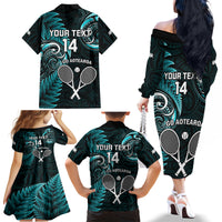 Custom New Zealand Tiki Tennis Family Matching Off Shoulder Long Sleeve Dress and Hawaiian Shirt 2024 Aotearoa Tenehi Maori Silver Fern - Turquoise LT14 - Polynesian Pride