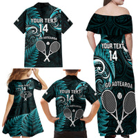 Custom New Zealand Tiki Tennis Family Matching Off Shoulder Maxi Dress and Hawaiian Shirt 2024 Aotearoa Tenehi Maori Silver Fern - Turquoise LT14 - Polynesian Pride