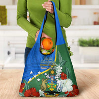 Personalised Halo Olaketa Solomon Islands Grocery Bag Coat Of Arms With Tropical Flowers