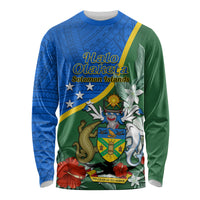Personalised Halo Olaketa Solomon Islands Long Sleeve Shirt Coat Of Arms With Tropical Flowers Flag Style LT14 Unisex Green - Polynesian Pride