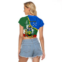 Personalised Halo Olaketa Solomon Islands Raglan Cropped T Shirt Coat Of Arms With Tropical Flowers Flag Style LT14 - Polynesian Pride
