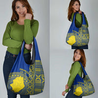 Fakaalofa Lahi Atu Niue Grocery Bag Niuean Map With Hiapo Pattern Blue Version