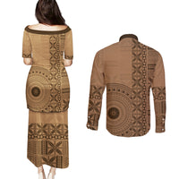 Fakaalofa Lahi Atu Niue Couples Matching Puletasi and Long Sleeve Button Shirt Vintage Hiapo Pattern Brown Version LT14 - Polynesian Pride