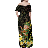 Hawaii Saint Patrick's Day Family Matching Off Shoulder Maxi Dress and Hawaiian Shirt Ukulele Leprechaun Hau'Oli Maoli Oe!
