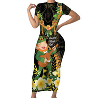 Hawaii Saint Patrick's Day Short Sleeve Bodycon Dress Ukulele Leprechaun Hau'Oli Maoli Oe! LT14 Long Dress Reggae - Polynesian Pride