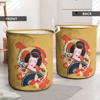 Japanese Geisha Koi Fish Laundry Basket Cherry Blossoms Yellow Seigaiha Pattern - Polynesian Pride