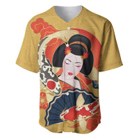 Japanese Geisha Koi Fish Baseball Jersey Cherry Blossoms Yellow Seigaiha Pattern - Polynesian Pride
