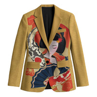 Japanese Geisha Koi Fish Blazer Cherry Blossoms Yellow Seigaiha Pattern - Polynesian Pride