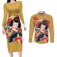 Japanese Geisha Koi Fish Couples Matching Long Sleeve Bodycon Dress and Long Sleeve Button Shirt Cherry Blossoms Yellow Seigaiha Pattern - Polynesian Pride