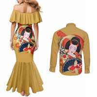 Japanese Geisha Koi Fish Couples Matching Mermaid Dress and Long Sleeve Button Shirt Cherry Blossoms Yellow Seigaiha Pattern - Polynesian Pride