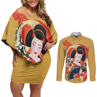 Japanese Geisha Koi Fish Couples Matching Off Shoulder Short Dress and Long Sleeve Button Shirt Cherry Blossoms Yellow Seigaiha Pattern - Polynesian Pride