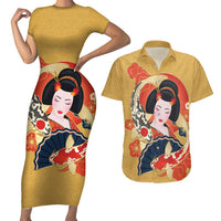 Japanese Geisha Koi Fish Couples Matching Short Sleeve Bodycon Dress and Hawaiian Shirt Cherry Blossoms Yellow Seigaiha Pattern LT14 Yellow - Polynesian Pride