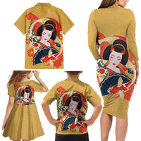 Japanese Geisha Koi Fish Family Matching Long Sleeve Bodycon Dress and Hawaiian Shirt Cherry Blossoms Yellow Seigaiha Pattern LT14 - Polynesian Pride
