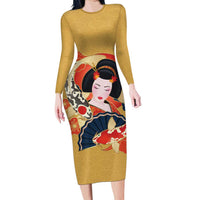 Japanese Geisha Koi Fish Family Matching Long Sleeve Bodycon Dress and Hawaiian Shirt Cherry Blossoms Yellow Seigaiha Pattern LT14 Mom's Dress Yellow - Polynesian Pride