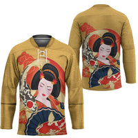 Japanese Geisha Koi Fish Hockey Jersey Cherry Blossoms Yellow Seigaiha Pattern - Polynesian Pride