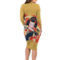 Japanese Geisha Koi Fish Long Sleeve Bodycon Dress Cherry Blossoms Yellow Seigaiha Pattern - Polynesian Pride