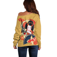 Japanese Geisha Koi Fish Off Shoulder Sweater Cherry Blossoms Yellow Seigaiha Pattern - Polynesian Pride