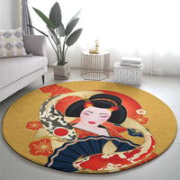 Japanese Geisha Koi Fish Round Carpet Cherry Blossoms Yellow Seigaiha Pattern - Polynesian Pride