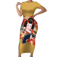 Japanese Geisha Koi Fish Short Sleeve Bodycon Dress Cherry Blossoms Yellow Seigaiha Pattern - Polynesian Pride