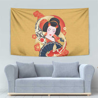 Japanese Geisha Koi Fish Tapestry Cherry Blossoms Yellow Seigaiha Pattern - Polynesian Pride