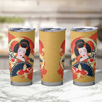 Japanese Geisha Koi Fish Tumbler Cup Cherry Blossoms Yellow Seigaiha Pattern - Polynesian Pride