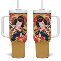 Japanese Geisha Koi Fish Tumbler With Handle Cherry Blossoms Yellow Seigaiha Pattern - Polynesian Pride
