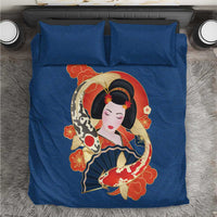 Japanese Geisha Koi Fish Bedding Set Cherry Blossoms Blue Seigaiha Pattern - Polynesian Pride