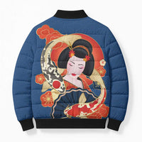 Japanese Geisha Koi Fish Bomber Puffer Jacket Cherry Blossoms Blue Seigaiha Pattern - Polynesian Pride