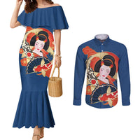 Japanese Geisha Koi Fish Couples Matching Mermaid Dress and Long Sleeve Button Shirt Cherry Blossoms Blue Seigaiha Pattern - Polynesian Pride