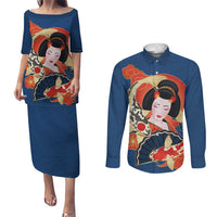 Japanese Geisha Koi Fish Couples Matching Puletasi and Long Sleeve Button Shirt Cherry Blossoms Blue Seigaiha Pattern - Polynesian Pride