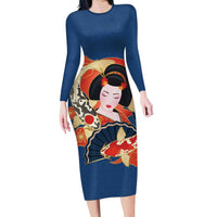 Japanese Geisha Koi Fish Family Matching Long Sleeve Bodycon Dress and Hawaiian Shirt Cherry Blossoms Blue Seigaiha Pattern LT14 Mom's Dress Blue - Polynesian Pride