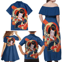 Japanese Geisha Koi Fish Family Matching Off Shoulder Maxi Dress and Hawaiian Shirt Cherry Blossoms Blue Seigaiha Pattern LT14 - Polynesian Pride