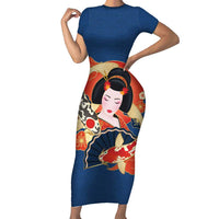Japanese Geisha Koi Fish Family Matching Short Sleeve Bodycon Dress and Hawaiian Shirt Cherry Blossoms Blue Seigaiha Pattern LT14 Mom's Dress Blue - Polynesian Pride