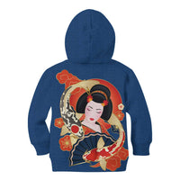 Japanese Geisha Koi Fish Kid Hoodie Cherry Blossoms Blue Seigaiha Pattern - Polynesian Pride
