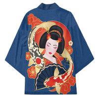 Japanese Geisha Koi Fish Kimono Cherry Blossoms Blue Seigaiha Pattern - Polynesian Pride