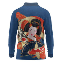 Japanese Geisha Koi Fish Long Sleeve Polo Shirt Cherry Blossoms Blue Seigaiha Pattern - Polynesian Pride