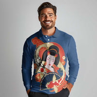 Japanese Geisha Koi Fish Long Sleeve Polo Shirt Cherry Blossoms Blue Seigaiha Pattern - Polynesian Pride