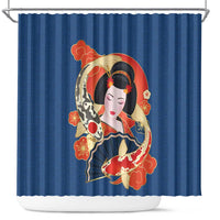 Japanese Geisha Koi Fish Shower Curtain Cherry Blossoms Blue Seigaiha Pattern - Polynesian Pride
