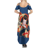 Japanese Geisha Koi Fish Summer Maxi Dress Cherry Blossoms Blue Seigaiha Pattern - Polynesian Pride