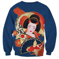 Japanese Geisha Koi Fish Sweatshirt Cherry Blossoms Blue Seigaiha Pattern - Polynesian Pride