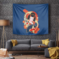 Japanese Geisha Koi Fish Tapestry Cherry Blossoms Blue Seigaiha Pattern - Polynesian Pride