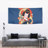 Japanese Geisha Koi Fish Tapestry Cherry Blossoms Blue Seigaiha Pattern - Polynesian Pride